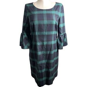 Talbots Womens Shift Dress 12 Blackwatch Plaid 3/4 Flounce Sleeve Wool Blend